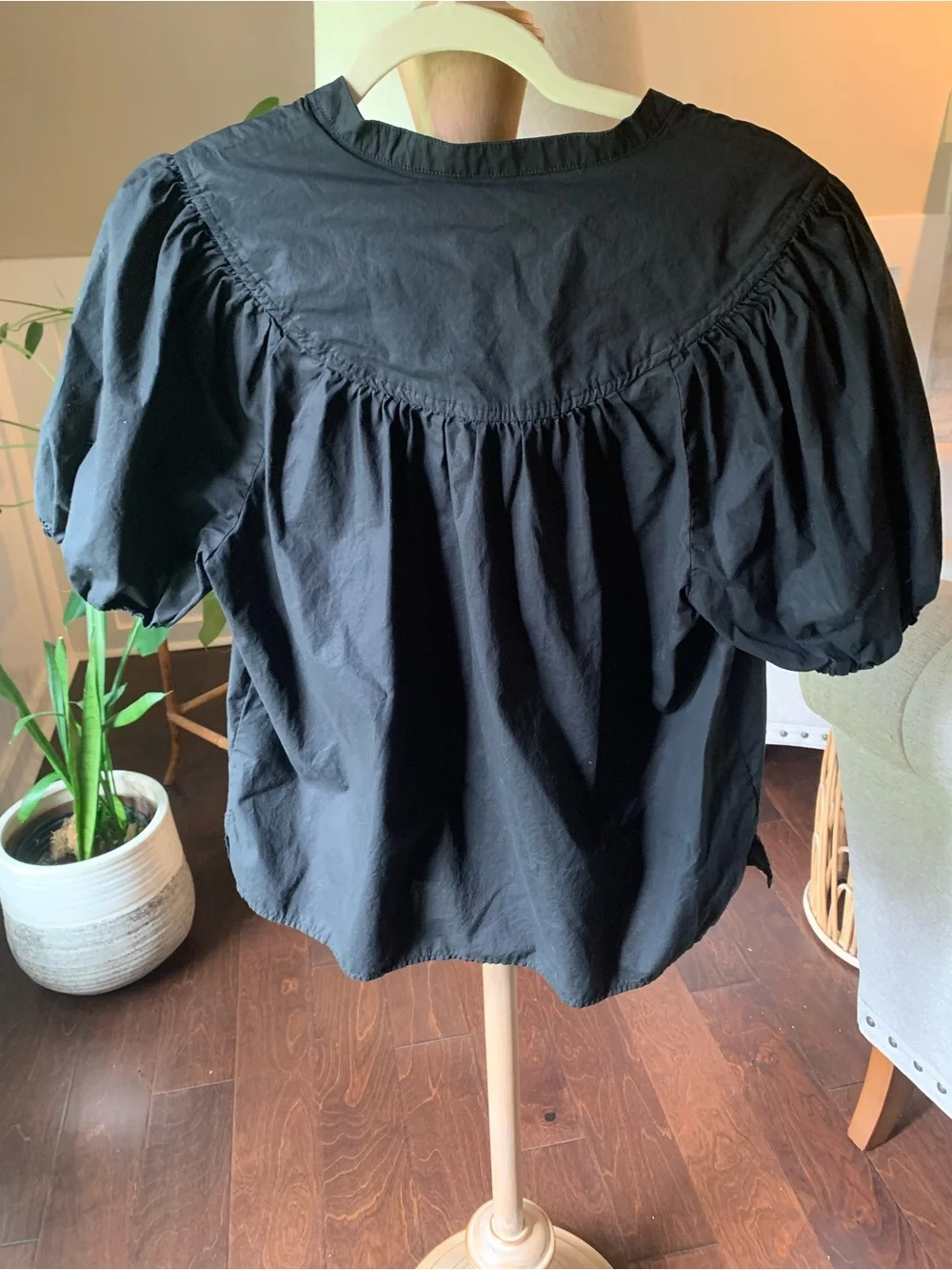 J. Crew Black Puff-Sleeve Button-Front Blouse